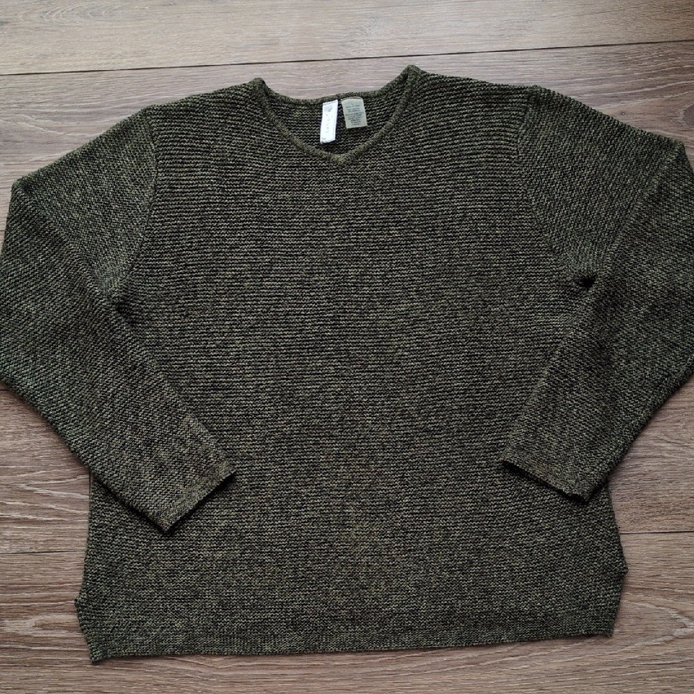 2 Sahalie Chunky Knit V-Neck Long Sleeve Sweaters - Cotton Blend - Tan & Green L - Picture 10 of 13